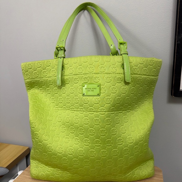 Michael Kors Neon Lime Embossed Logo Leather Tote - Picture 2 of 10